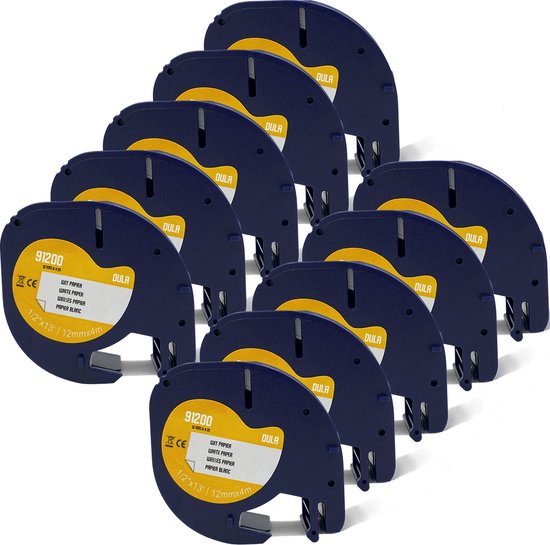 Tien donkerblauwe DULA labeltape cassettes met gele stickers "WIT PAPIER 12mm x 4m" op een zwarte achtergrond.