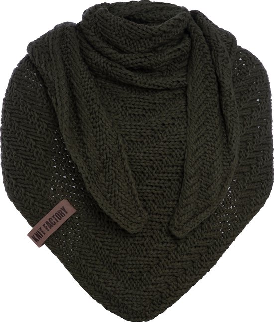 Knit Factory Sally Gebreide Omslagdoek - Driehoek Sjaal Dames - Dames sjaal - Wintersjaal - Stola - Wollen sjaal - Groene sjaal - Khaki - 220x85 cm - Grof gebreid