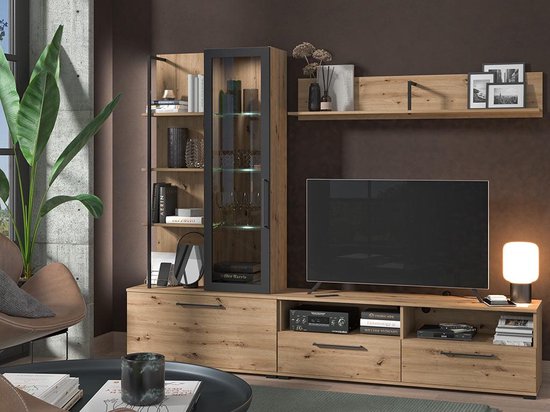 Tv-meubel DUBLIN met opbergruimte - Kleur: eiken en zwart L 229.5 cm x H 183 cm x D 35 cm