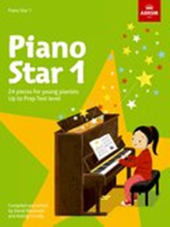 Livre 'Piano Star 1' avec une illustration d'une fille jouant du piano, entourée d'étoiles jaunes et rouges.