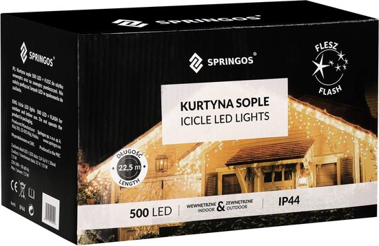 Verpakking van Springos icicle LED-verlichting, met een afbeelding van een versierd huis.
