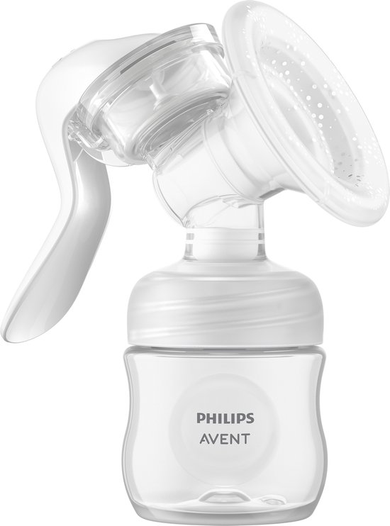 Philips Avent handkolf met melk in de fles. De witte kolf heeft een gedetailleerde rand en een gedetailleerde dop.