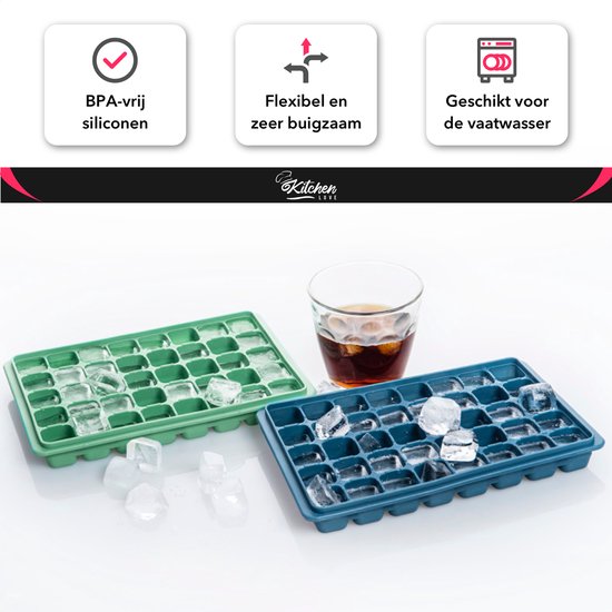 KitchenLove Siliconen IJsblokjesvorm met Deksel (2 Stuks) - 80 ijsblokjes - Vierkant - BPA Vrij - 100% Silicone - Groen & Blauw