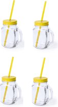 4x stuks Glazen Mason Jar drinkbekers gele dop en rietje 500 ml - afsluitbaar/niet lekken/fruit shakes