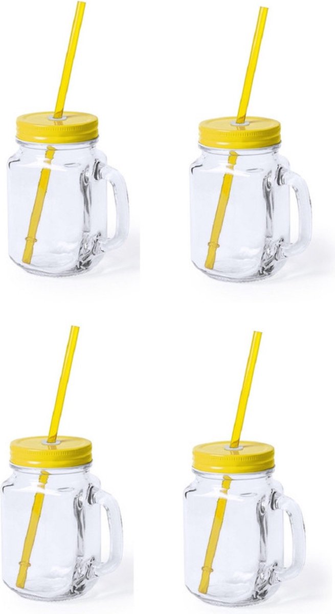 Goedkoopste Mason Jar drinkbekers - 4x stuks - glas - dop geel met rietje - 500 ml - afsluitbaar - fruit shakes
