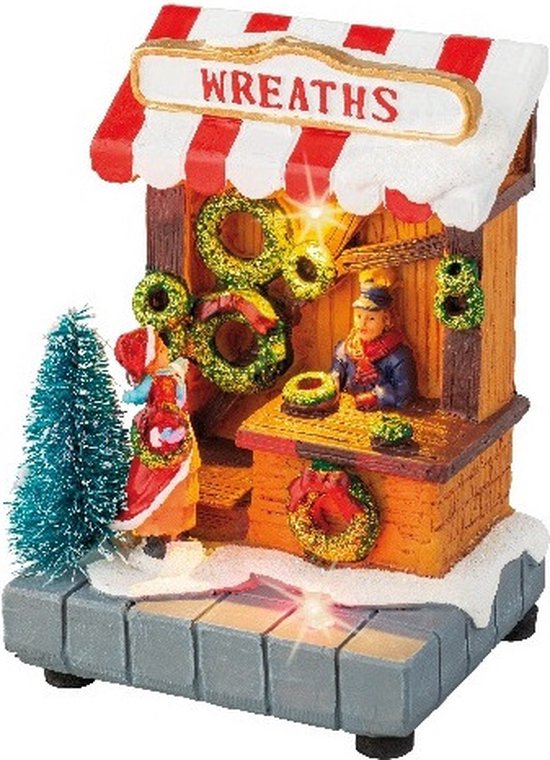 Kerstdorp kersthuisjes kransen winkeltje met verlichting 8 x 11 cm - Kerstdorp onderdelen kerstversiering