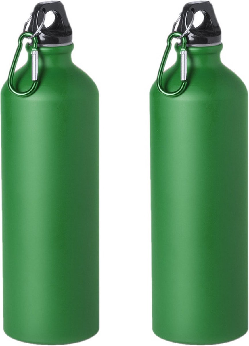 2x Stuks aluminium waterfles/drinkfles groen met schroefdop en karabijnhaak 800 ml - Sportfles - Bidon
