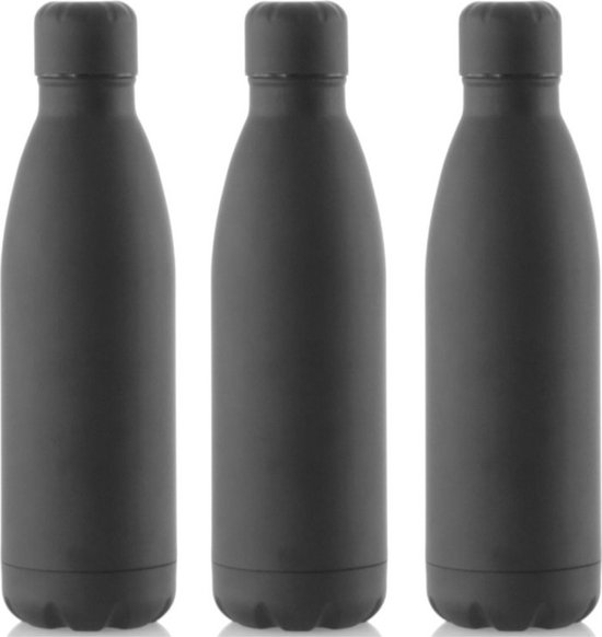 3x Pièces Bouteille d'eau / gourde en acier inoxydable noir avec bouchon à vis 790 ml - Bouteille de sport - Bouteille d'eau