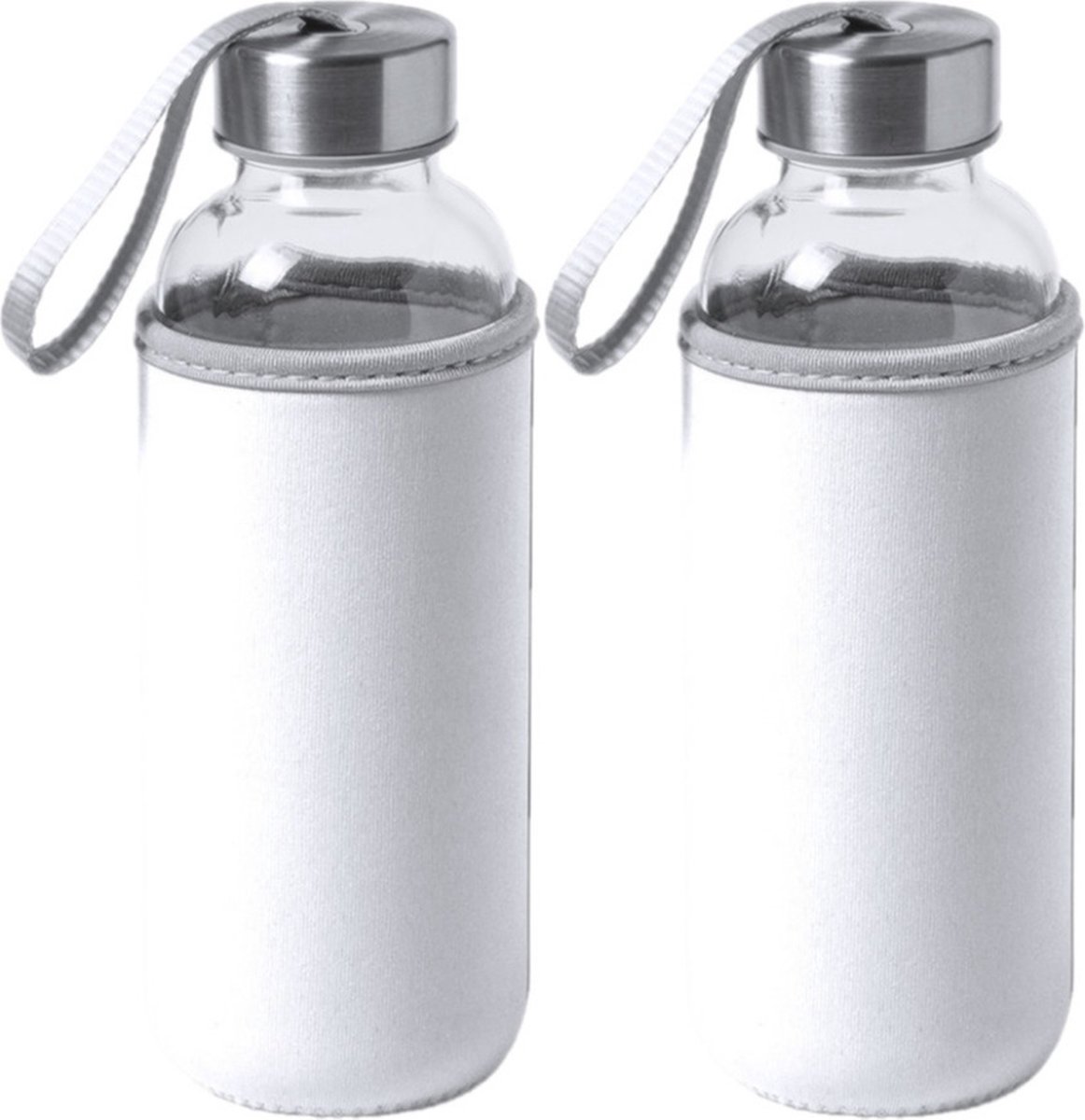4x Stuks glazen waterfles/drinkfles met witte softshell bescherm hoes 420 ml - Sportfles - Bidon