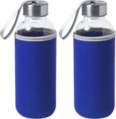 4x Stuks glazen waterfles/drinkfles met blauwe softshell bescherm hoes 420 ml - Sportfles - Bidon
