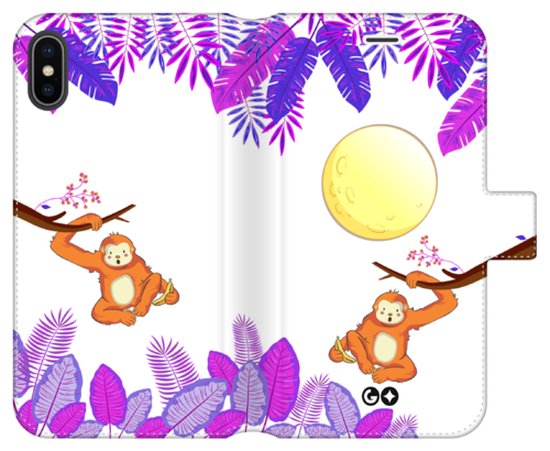 Telefoonhoesje geschikt voor Apple iPhone XS – Portemonneehoesje – met pasjeshouder en magneetsluiting – Dierencollectie – Moonlight Monkey – Paars