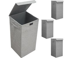 Set van 3: 50L Wasmand met Deksel - 30x30x60 Wasverzamelaar met Houten Frame - Wasbox Opvouwbaar