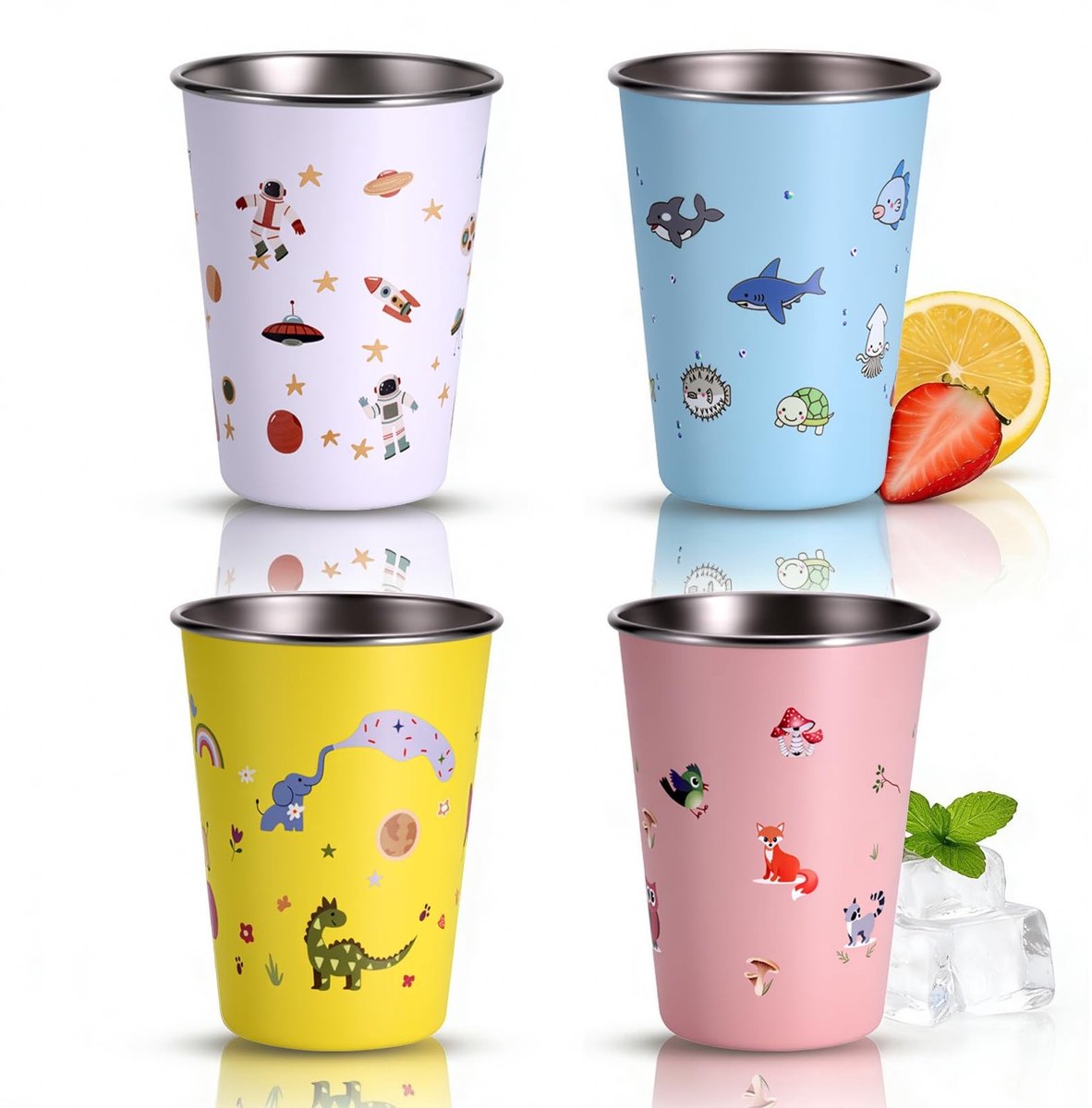 MTTproducts- Kinderbekers 4 stuks - 350 ml drinkbekers - Roestvrij staal - BPA-vrij - Interessant patroondesign - Comfortabele greep - Drinkbeker