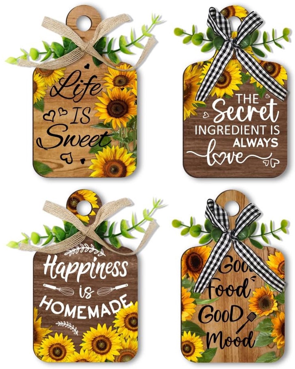 MTTproducts- Eetbord Houten Wanddecoratie - Zonnebloem Decoratie - Muurkunst Keuken - Wanddecoratie Eetkamer - 15 x 9 cm - 4 Stuks