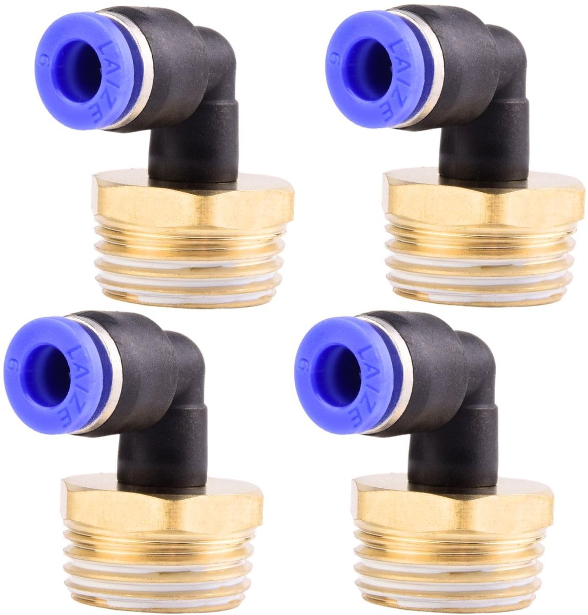 MTTproducts- Hoeksteekschroefverbindingen 90° - 4 Stuks - Buitendraad 1/2 inch PT - 6 mm Slang - Kunststof/Messing - Drukbereik 0-0,9 MPa - Fitting