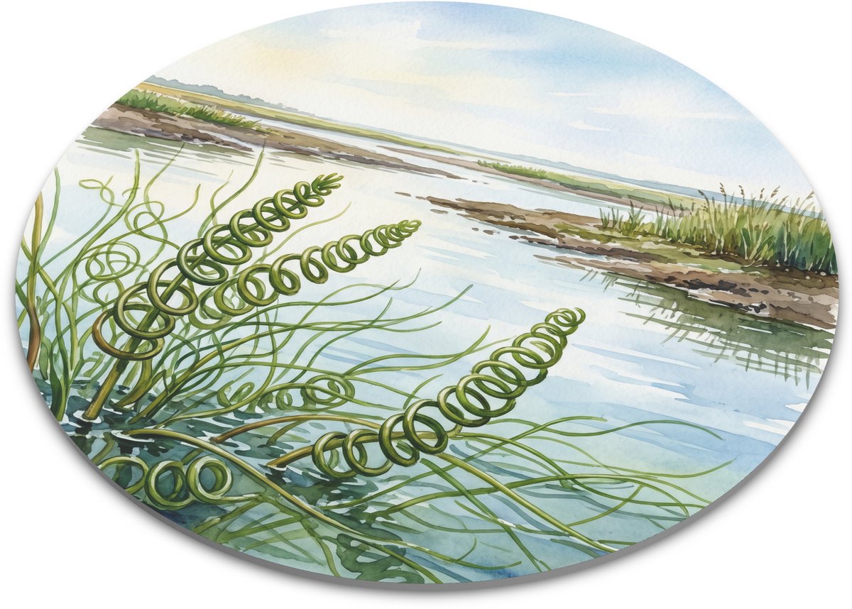 Ronde Muismat - Spiraalruppia in Brak Waterlandschap - Ruppia cirrhosa - Aquatische Botanische Aquarel - Unieke Kantoor- en Thuiswerk Decoratie - Diameter 22 cm
