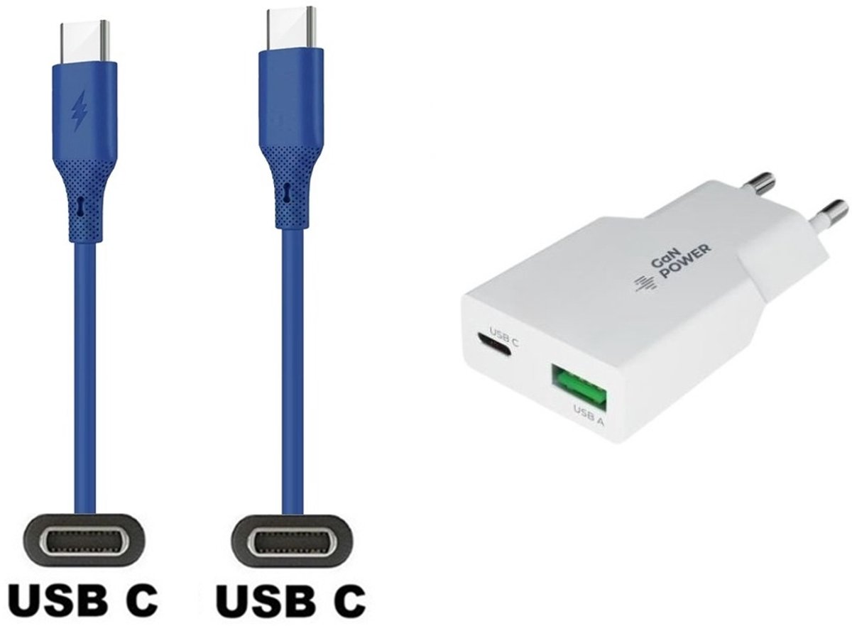 20W snellader met 2 poorten + 1,0m USB C naar C kabel. Universele PD PPS lader. Compacte GaN oplader adapter past op Samsung Galaxy S10, S10e, S20, S21, S22, S23, S24, S25, S26 (Edge, FE, Lite, Plus +, Ultra)