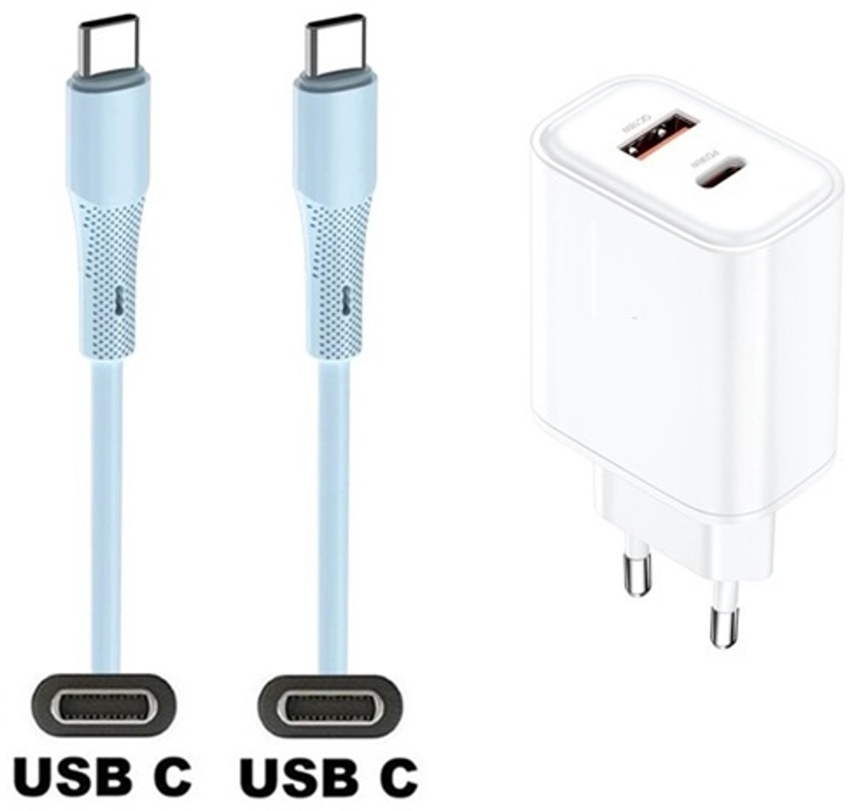 36W super snellader met 2 poorten + 1,0m USB C naar C kabel. Universele PD lader. Oplader adapter past op Samsung Galaxy A34, A54, A24, A14, A05, F04, F34, F54, A15, A25, A35, F15, M14, M04, M34, M21, M30, M40, M54