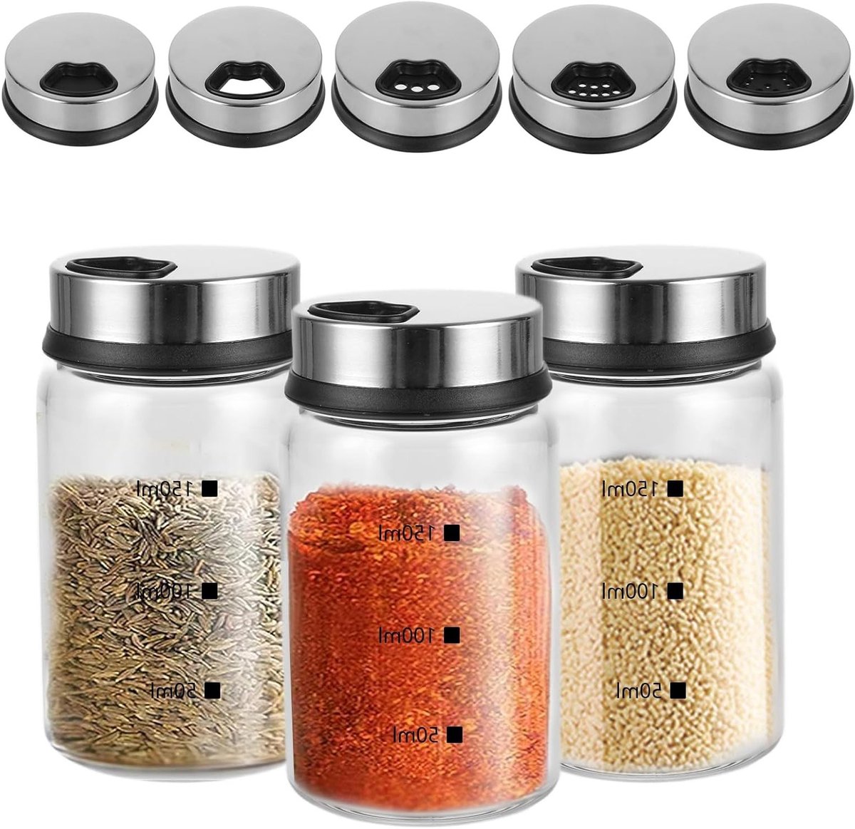Set van 3 Kruidenspotjes met Draaisysteem, 150 ml, 6 x 9,5 cm, Luchtdichte Kruidcontainers