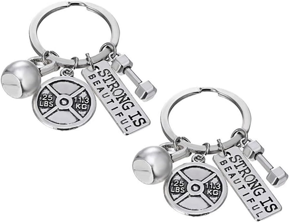 2 stuks fitness sleutelhangers halter kettlebell zilver