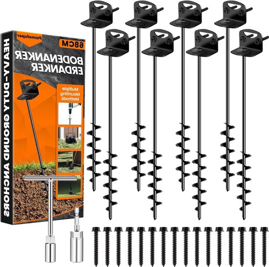 Grondankers Set - Haringen Ankers - Tuin Stabiliseren - Verbeterde Brede Spiraalvleugels - 8 x 60 cm - Zwart