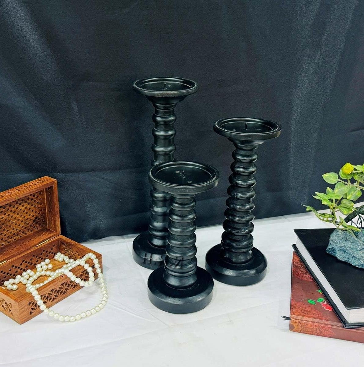 Kaarsenstandaard Set - Houten Kandelaars - Diner Decoratie - Gedraaide Steels - 3 stuks - Zwart