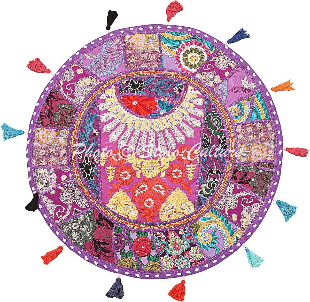 Ethnic Cotton Throw Floor Cushion Cover Vintage Embroidered Patchwork Purple 22" Large Kids Footstool Pouf Chair