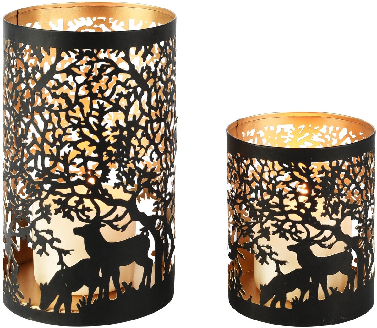 dekoratief Set 2 Waxinelichthouders 'Woodland Reindeer', zwart/goud, metaal, 12x12x20cm | A268076
