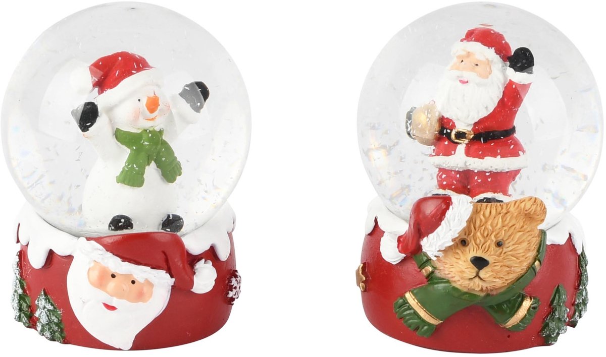 Dekoratief | Waterbol m/santa/sneeuwman, wit/rood, resina/glas, 5x5x6cm, set van 2 stuks | A265877