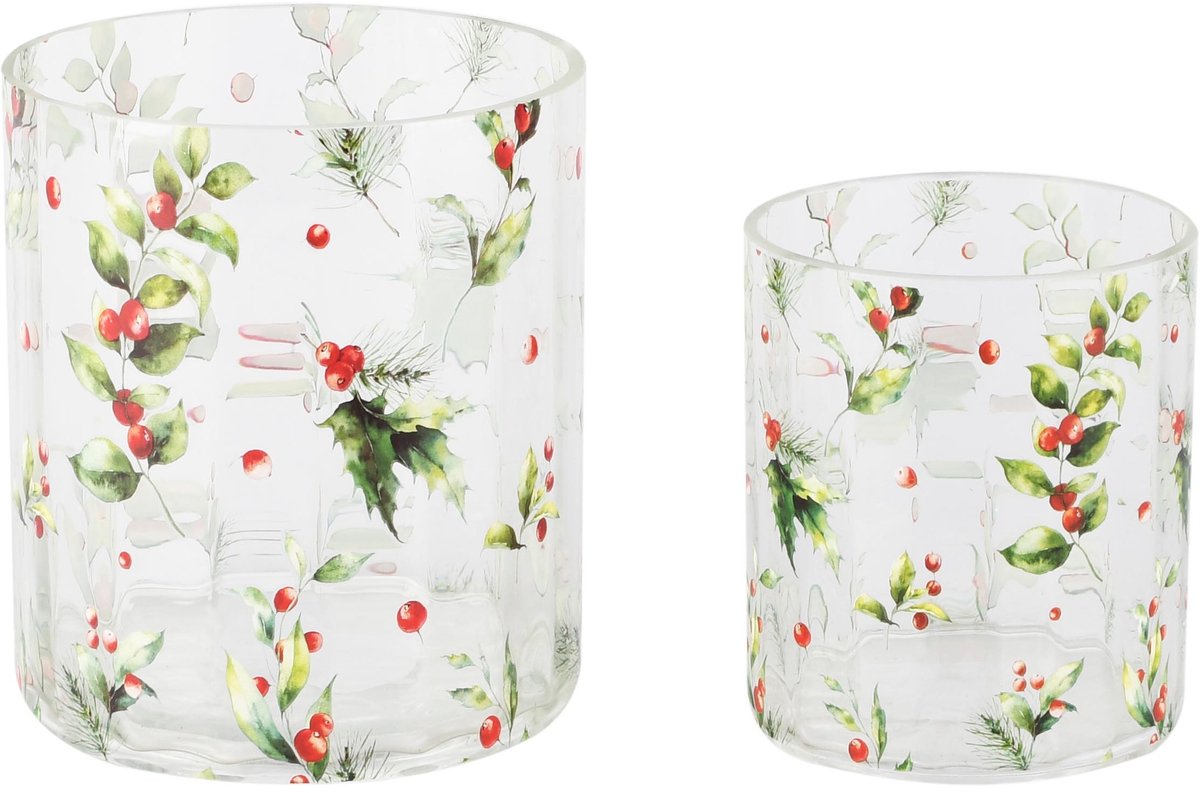 dekoratief Set 2 theelichthouders 'Holly & Berry', glas, 12x12x13cm | A265794 transparant