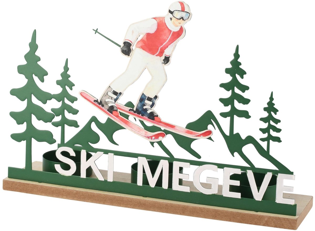 Dekoratief | Theelichthouder 'Ski Megeve', metaal/hout, 24x6x16cm | A265246