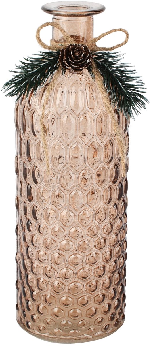 Dekoratief | Deco vaas m/dennentakje, bruin, glas, 7x7x21cm | A265277