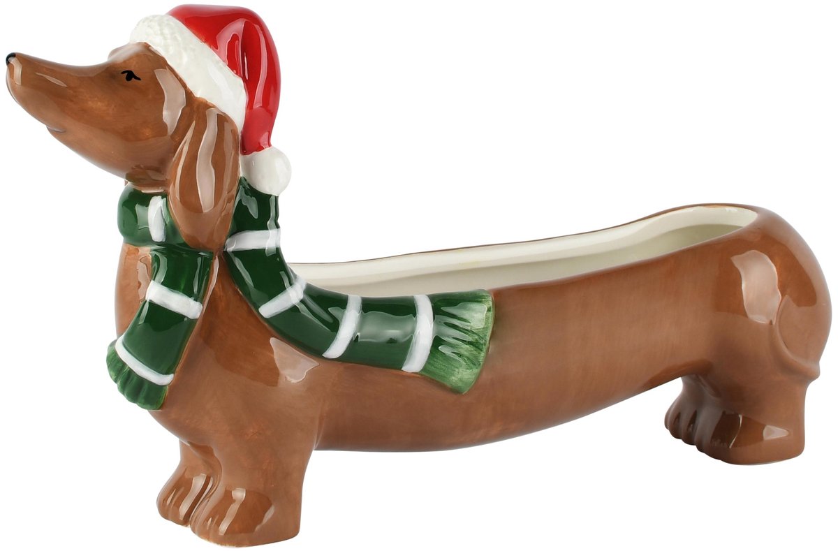 Dekoratief | Schaaltje kersthond, bruin/groen/rood, keramiek, 26x6x14cm | A265364
