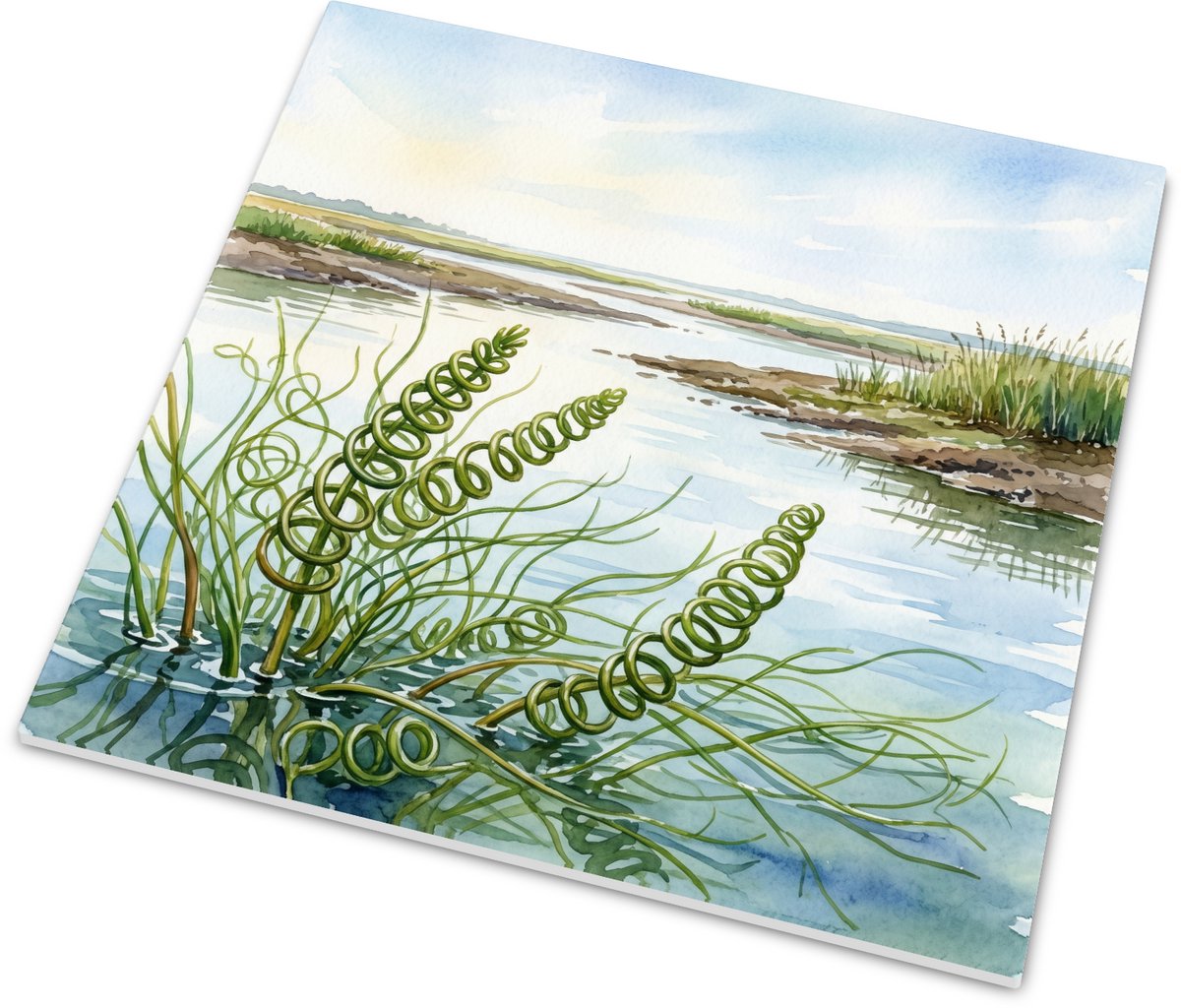 Tegeltje Spiraalruppia (Ruppia cirrhosa) - Glanzend wandtegeltje met unieke aquarel van wa
