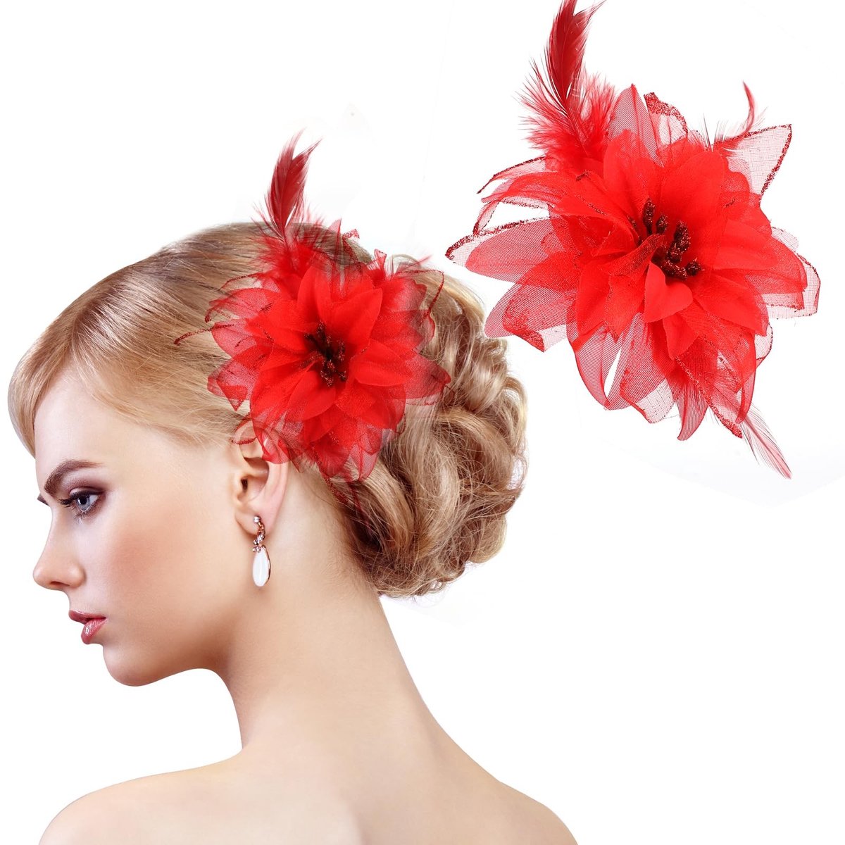 Cosensi- Haarclip 2 Stuks - Bloem Gevederd - Vintage Fascinator - Jaren 20 Hoofddeksel - Rood - Natuurlijke Kalkoenveren