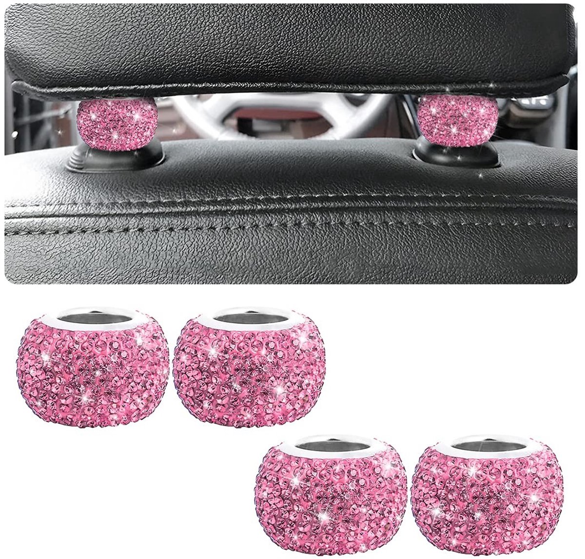 Cosensi- Hoofsteunringen Bling - Auto Accessoires - Interieur Decoratie - Universeel - Kristal - 4 Stuks - Roestvrij Staal - Autoaccessoires