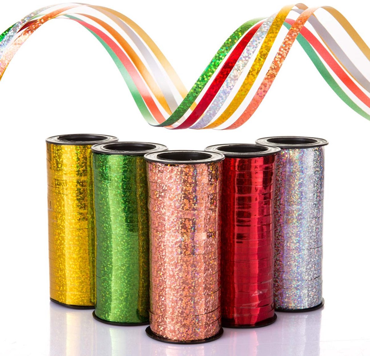 Cosensi- Decoratieband Glinsterend - Cadeaulint - Polyband - Knutselen - Ballondecoraties - Geschenkverpakking - Set van 5 kleuren (91m per rol) - Geschenkband