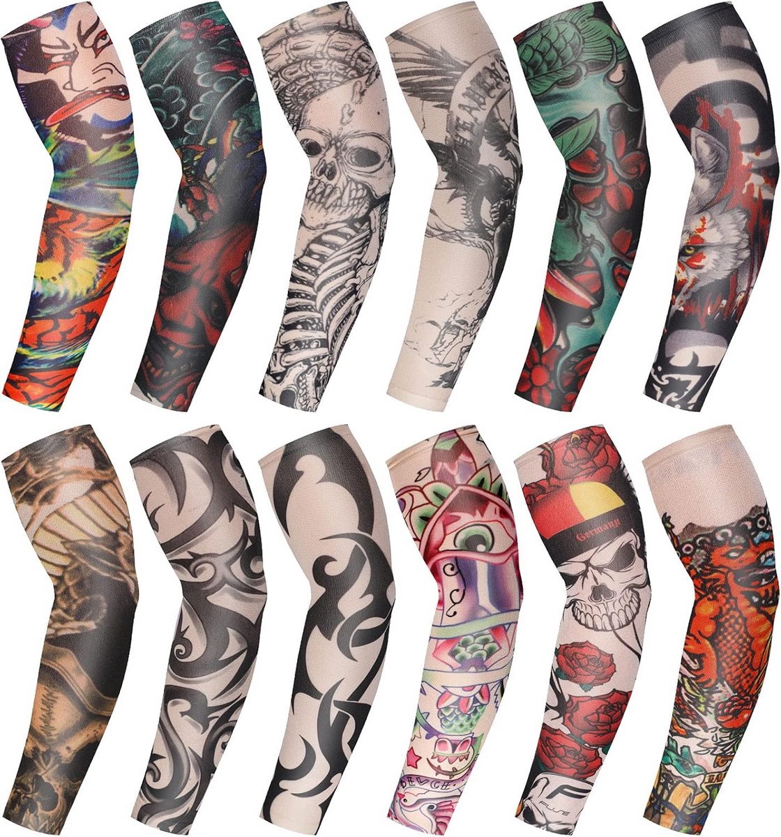 Set van 12 UV-werende Tattoo Mouwen - Zomer Armbescherming met Schedelpatronen