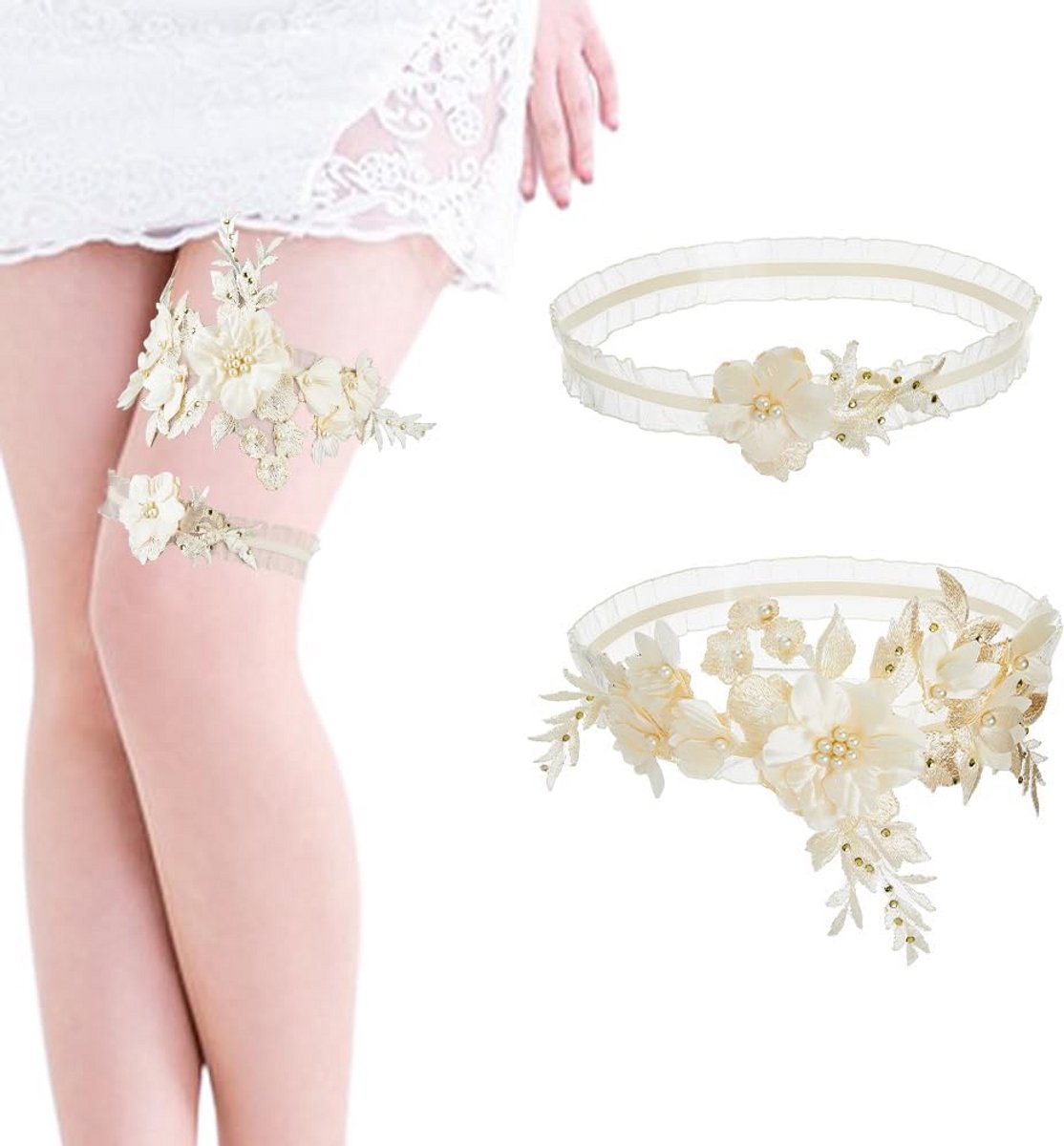 Elegante Kant Kousenband Set met Bloemen en Pareldetail voor Bruiloft en Prom