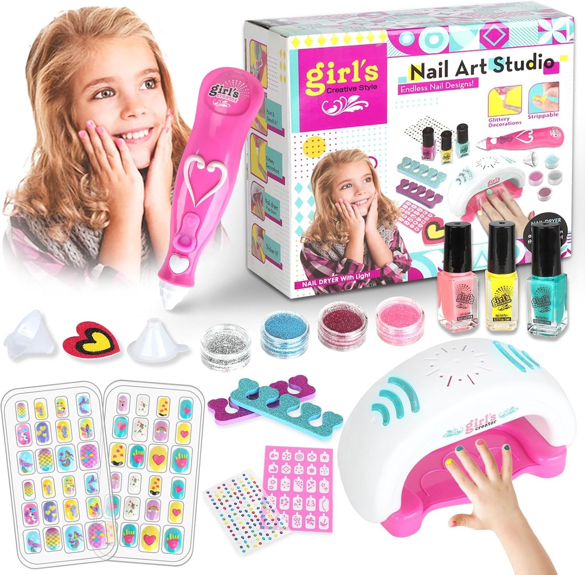 Complete Nagelstudio Set voor Kinderen Meisjes - Inclusief Nageldroger en Stickers