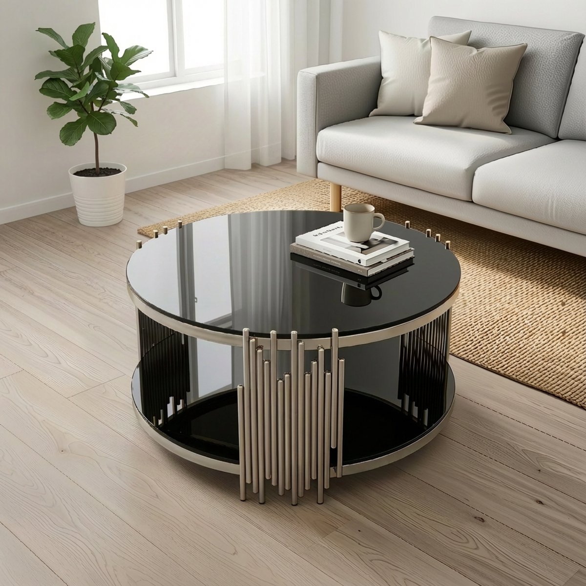 MODFU Ronde Salontafel - Dubbel Glasblad - Modern - Voor Woonkamer - Gehard Glas En Roestvrij Staal - Zwart En Zilver Zwart+Zilver