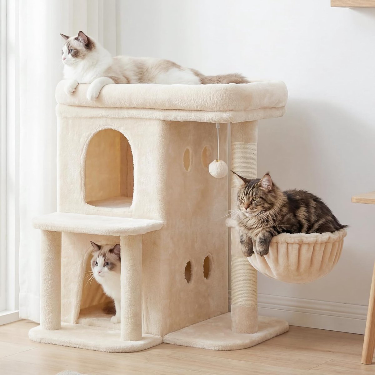 Katten Krabpaal 65cm Met Groot Platform Dubbel Huis Sisal Speelgoed Beige Compact