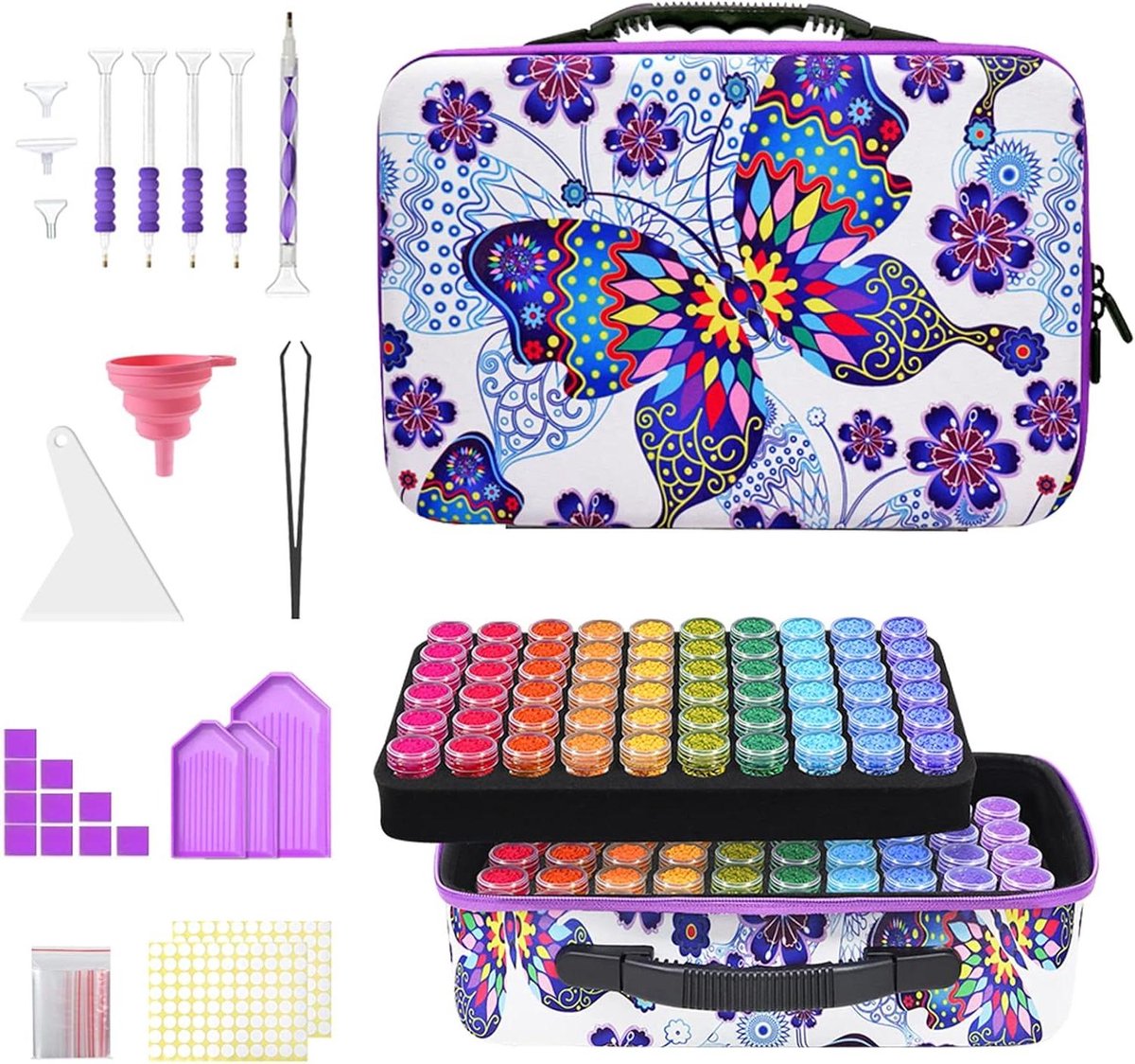Diamant Schilderen Opbergdozen - Kralen Organizers - Hobby Knutselen - 120 Flessen Inclusief - 30x23x13 cm - Vlinder Design