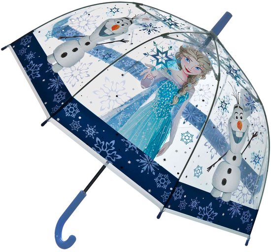 Doorzichtige paraplu met opdruk van Elsa en Olaf uit Frozen. Blauwe rand met sneeuwvlokken.
