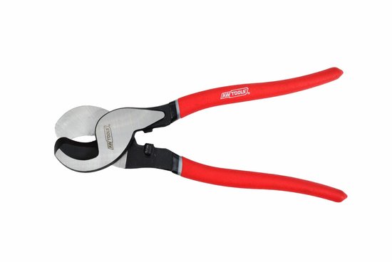 AW TOOLS kabelschaar met rode, antislip handvatten en een zilverkleurig metalen snijgedeelte.