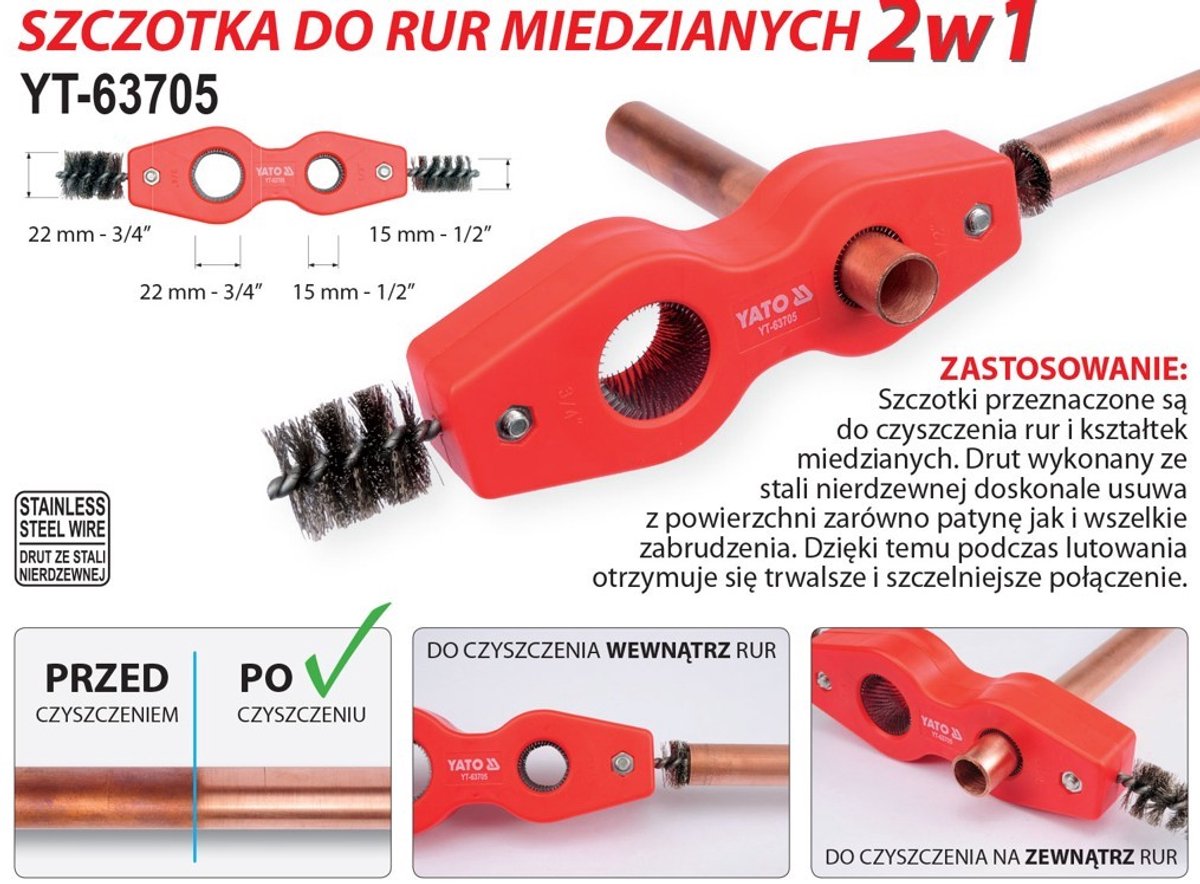 Yato - Koperen Buisborstel 2-in-1 - Roestvrij Staal - Ø 15mm & 22mm