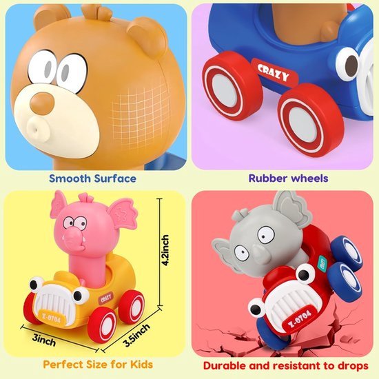 Druk en ga speelgoedauto's voor peuters van 1-3 jaar. Duw en ga met dierenraceauto's. Babyauto's. Speelgoed voor baby's van 6-12-18 maanden. Speelgoed voor jongens en meisjes van 1 jaar. Cadeaus voor de eerste verjaardag. van Merkloos — afbeelding 5