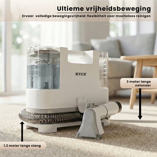 Compacte witte tapijtreiniger met 1.2 meter slang en 3 meter netsnoer.