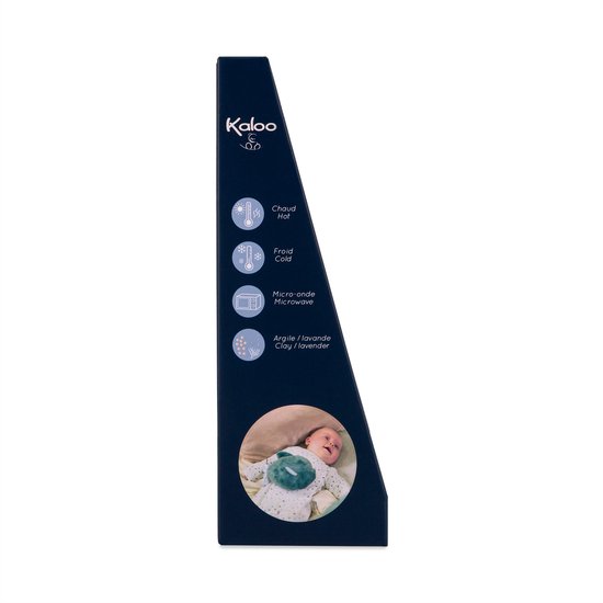 Verpakking van Kaloo visknuffel met iconen voor warm, koud, magnetron en lavendel.