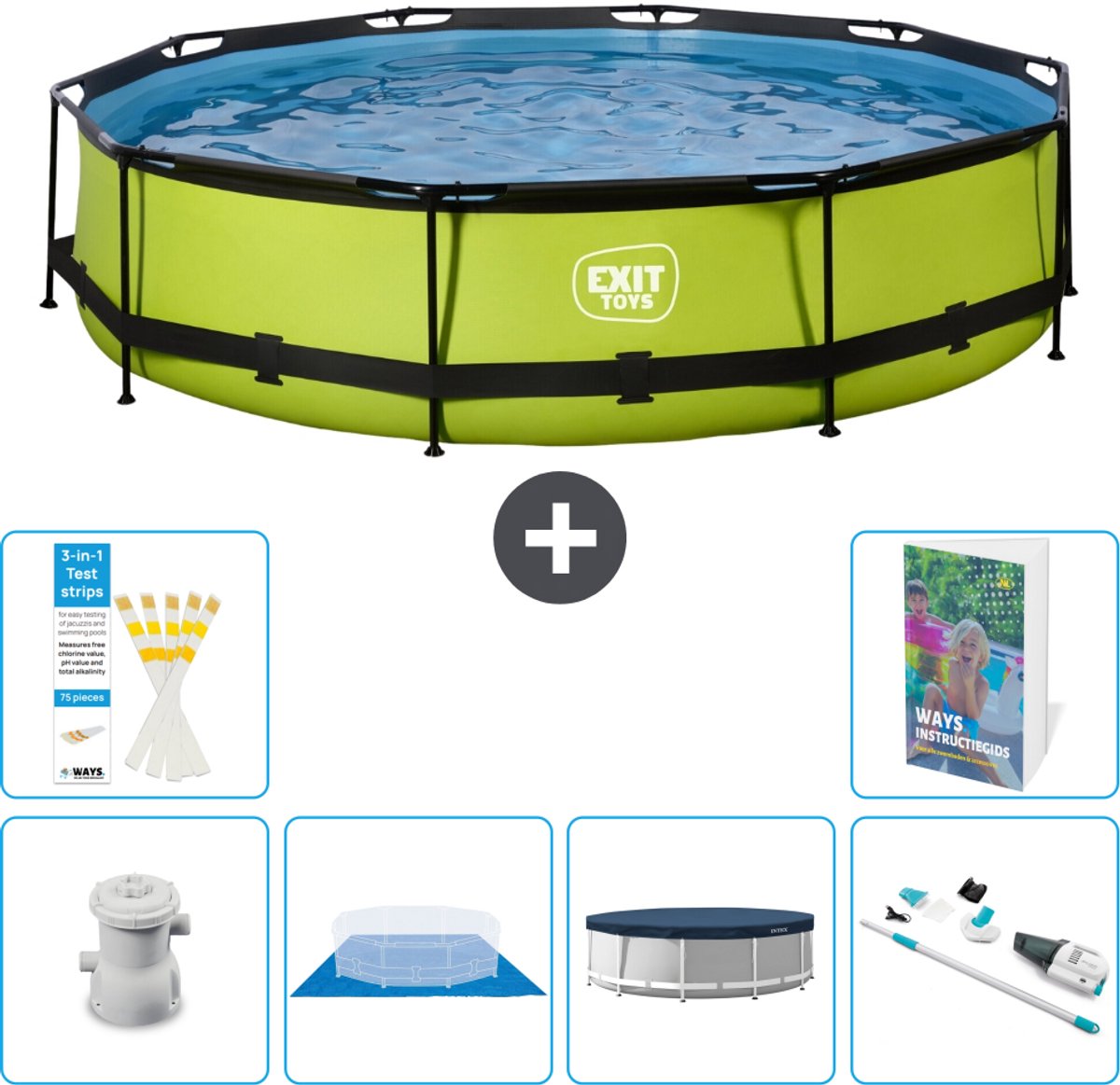 EXIT Rond Lime Frame Zwembad - 360 x 76 cm - Inclusief Pomp Grondzeil - Afdekzeil - Stofzuiger - 7-delig